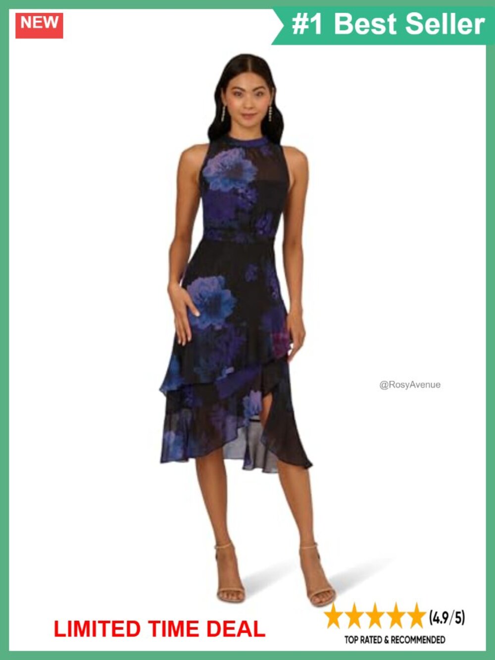 Halter Glitter Midi Dress Floral Sheer Overlay Fitted Bodice
